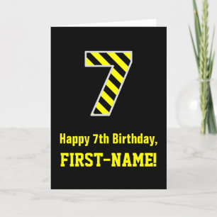 黒と黄ストライプの色「7」、7番目の誕生日+名前 カード