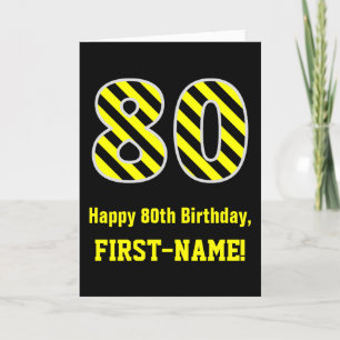 黒と黄ストライプの色「80」、80誕生日+名前 カード