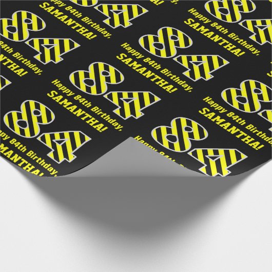 黒と黄ストライプの色"84"、84誕生日+名前 ラッピングペーパー (角)