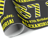 黒と黄ストライプの色"87"、87誕生日+名前 ラッピングペーパー (ロールコーナー)