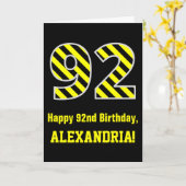 黒と黄ストライプの色"92"; 92番目の誕生日+名前 カード (黄色い花)