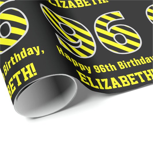 黒と黄ストライプの色「96」、96誕生日+名前 ラッピングペーパー (ロールコーナー)