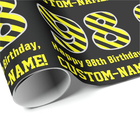 黒と黄ストライプの色"98"、98誕生日+名前 ラッピングペーパー (ロールコーナー)