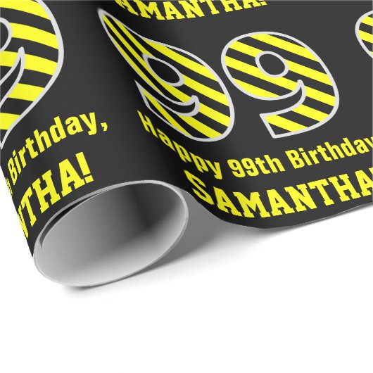 黒と黄ストライプの色"99"; 99誕生日+名前 ラッピングペーパー (ロールコーナー)