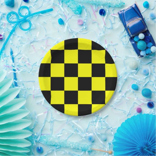 黒と黄市松模様に ペーパープレート (パーティー)