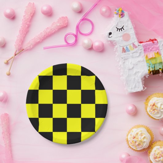 黒と黄市松模様に ペーパープレート (パーティー)