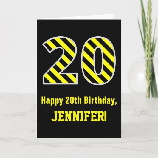 黒と黄色のストライプの「20」; 20歳の誕生日+名前 カード (正面)