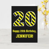 黒と黄色のストライプの「20」; 20歳の誕生日+名前 カード (黄色い花)