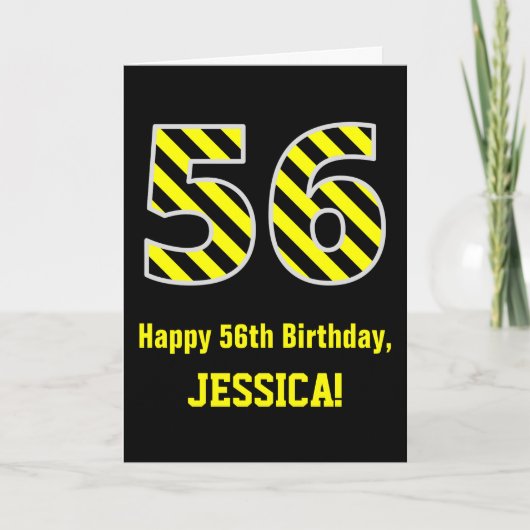 黒と黄色のストライプの「56」; 56歳の誕生日 + 名前 カード (正面)