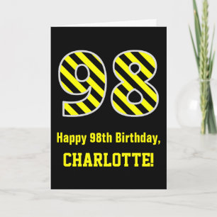 黒と黄色のストライプの「98」; 98歳の誕生日 + 名前 カード