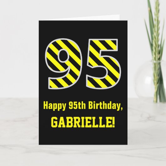 黒と黄色のストライプ柄の"95"; 95歳の誕生日+名前 カード (正面)