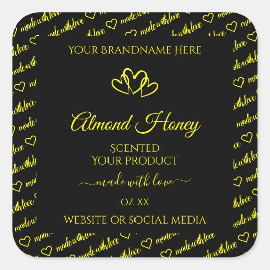 黒と黄色のワードクラウド製品ラベルのハート スクエアシール (正面)