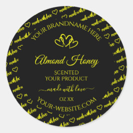 黒と黄色のワードクラウド製品ラベルのハート ラウンドシール