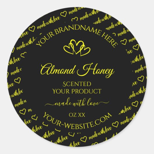 黒と黄色のワードクラウド製品ラベルのハート ラウンドシール (正面)