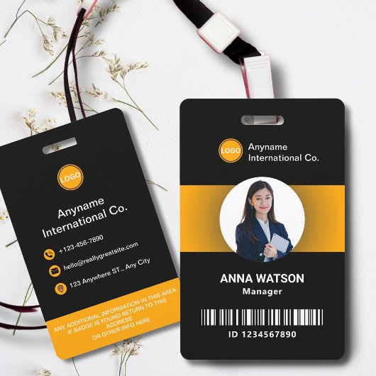 黒と黄色の写真企業の、バーコード、ロゴの追加 バッジ