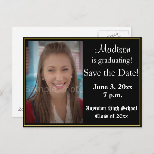 黒と黄色の卒業は日付カードを保存 案内ポストカード (正面/裏面)