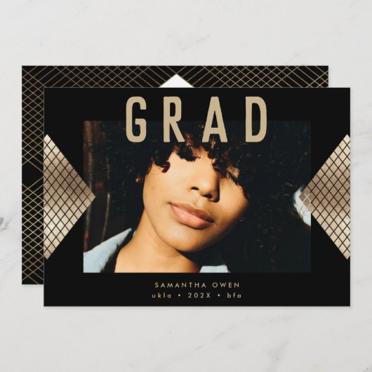 黒と黄色の幾何モダン金箔のアヌン 案内状 (正面/裏面)