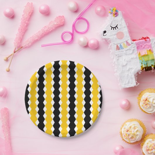 黒と黄色の幾何学的なファンキーなモダン柄 ペーパープレート (パーティー)