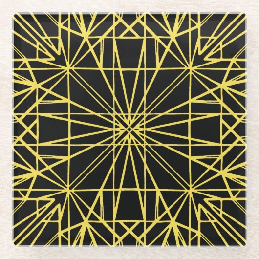 黒と黄色の幾何学的な対称性 ガラスコースター (正面)