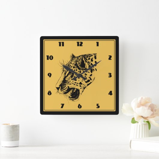 黒と黄色の手描きヒョウイラストレーション スクエア壁時計 (ホーム)