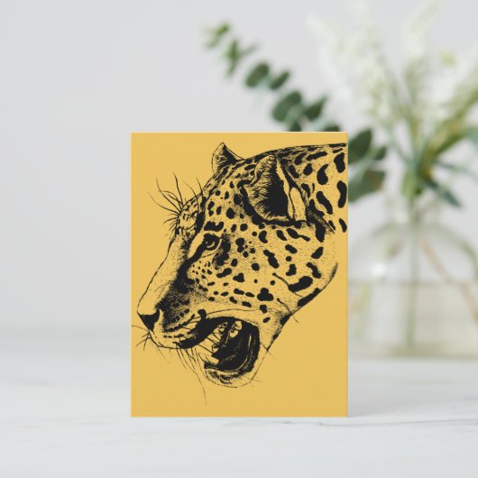 黒と黄色の手描きヒョウイラストレーション ポストカード (スタンド正面)