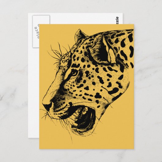 黒と黄色の手描きヒョウイラストレーション ポストカード (正面/裏面)