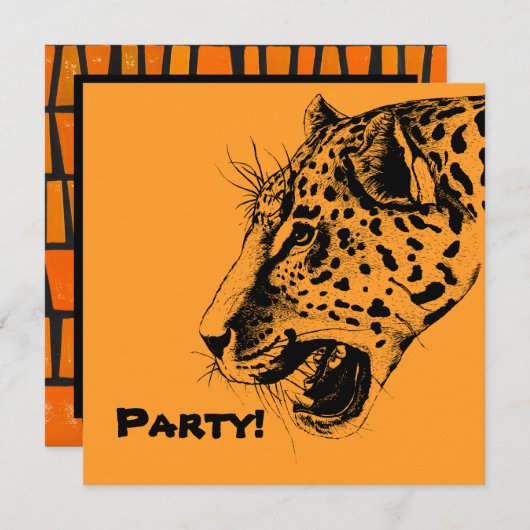 黒と黄色の手描きヒョウイラストレーション 招待状 (正面/裏面)