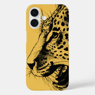 黒と黄色の手描きヒョウイラストレーション iPhone 16ケース