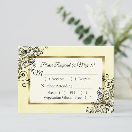 黒と黄色の結婚式出欠ハガキ 出欠カード (スタンド正面)