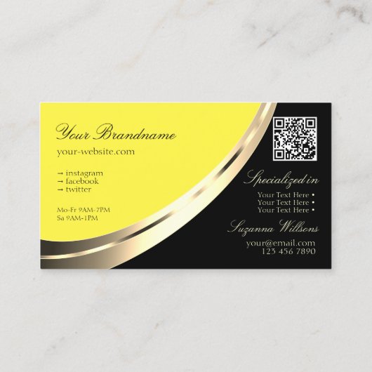 黒と黄色の金ゴールドデコール（QRコード付き） モダン 名刺 (裏面)