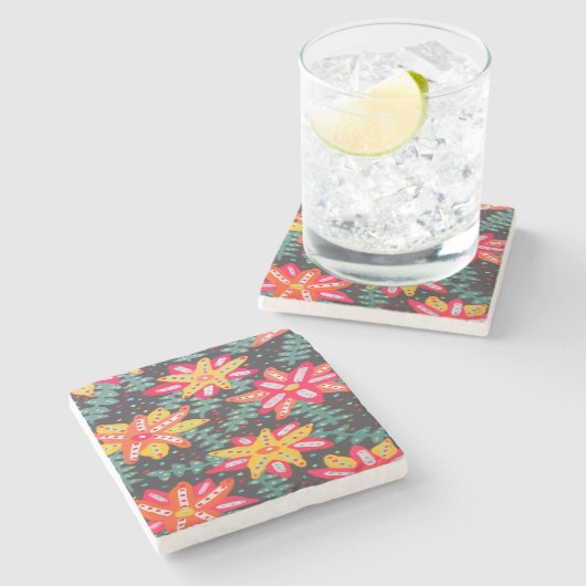 黒にはっきりした黄色とオレンジの花 ストーンコースター (横)