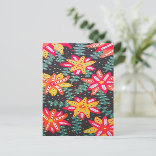 黒にはっきりした黄色とオレンジの花 ポストカード (スタンド正面)