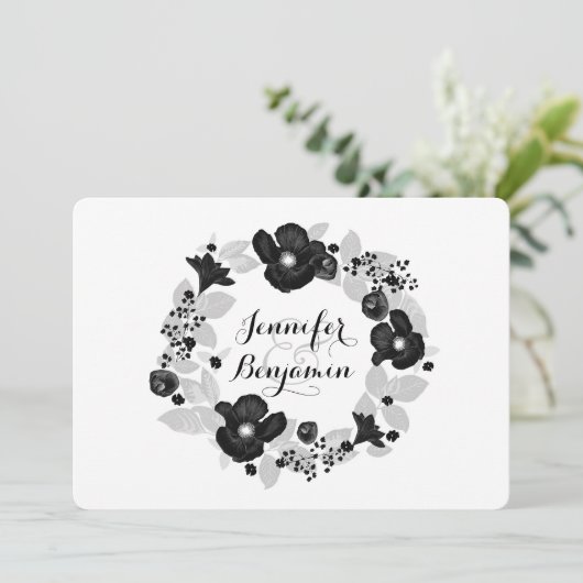 黒によってはエレガントなヴィンテージの結婚式招待状が開花します 招待状 (スタンド正面)