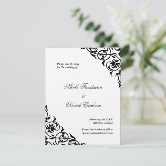 黒によって感じられるフォーマルな結婚式の保存日付平らなカード セーブザデート (スタンド正面)