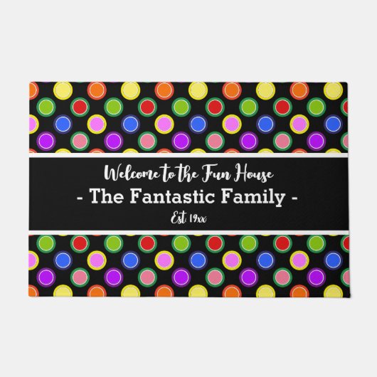 黒にカラフルなキャンディーの水玉模様のオリジナルデザイン ドアマット (正面)