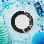 黒にグレーの花柄 ペーパープレート (パーティー)