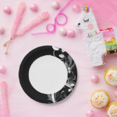 黒にグレーの花柄 ペーパープレート (パーティー)