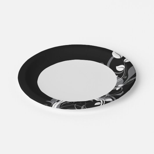 黒にグレーの花柄 ペーパープレート (アングル)