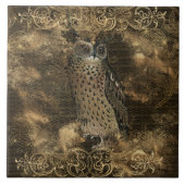 黒にゴシックフクロウと金のレース模様 タイル (正面)