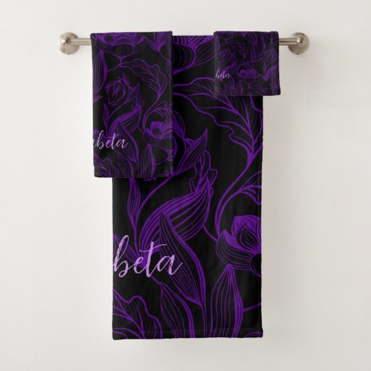 黒にゴシック色の紫の花 バスタオルセット (インサイチュ)