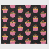 黒にピクールンクのカップケーキ模様 ラッピングペーパー (フラット)