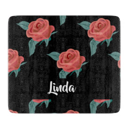 黒にピンクのバラ カッティングボード