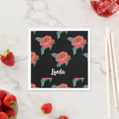 黒にピンクのバラ スタンダードカクテルナプキン (インサイチュ)