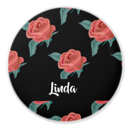 黒にピンクのバラ セラミックノブ