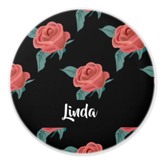 黒にピンクのバラ セラミックノブ (正面)