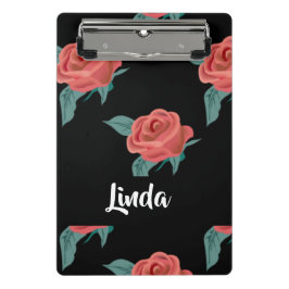 黒にピンクのバラ ミニクリップボード