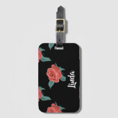 黒にピンクのバラ ラゲッジタグ (正面縦)