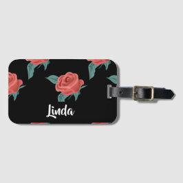 黒にピンクのバラ ラゲッジタグ