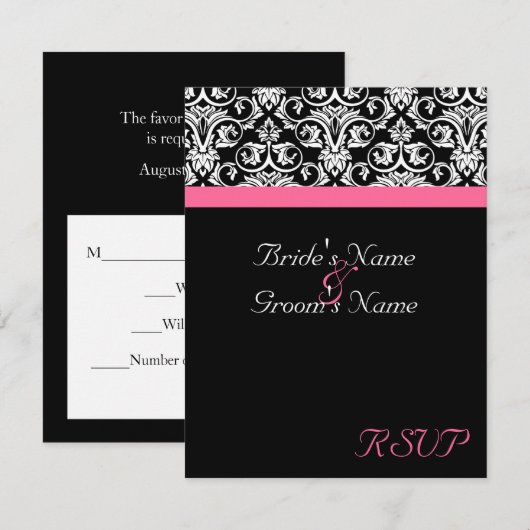 黒にピンクのパッション ウェディング マッチング RSVP (正面/裏面)
