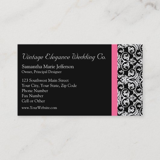 黒にピンクの情熱的なダマスク 名刺 (正面)